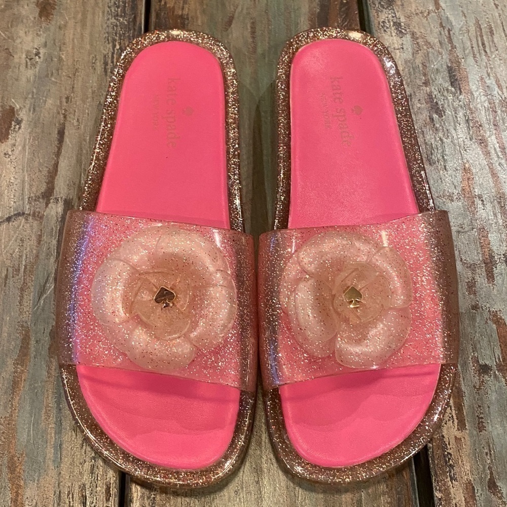 Kate Spade Splash Glitter Pink Slides Sandals 3D Floral Rosettes Logo Size 9 - Picture 3 of 9